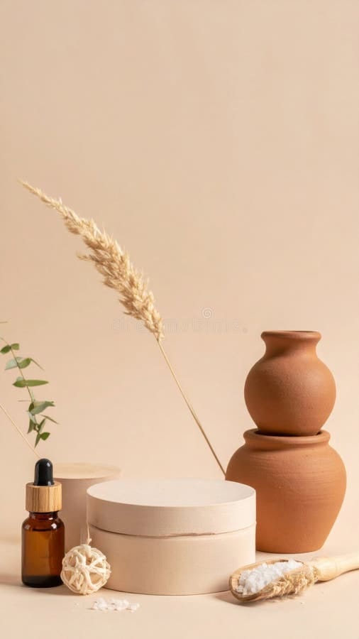 Minimalist beige still life with clay vessels